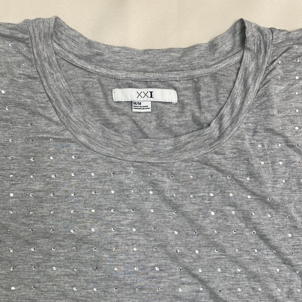 Forever 21 XXI Loose Gray Crop Shirt with Rhinestones
